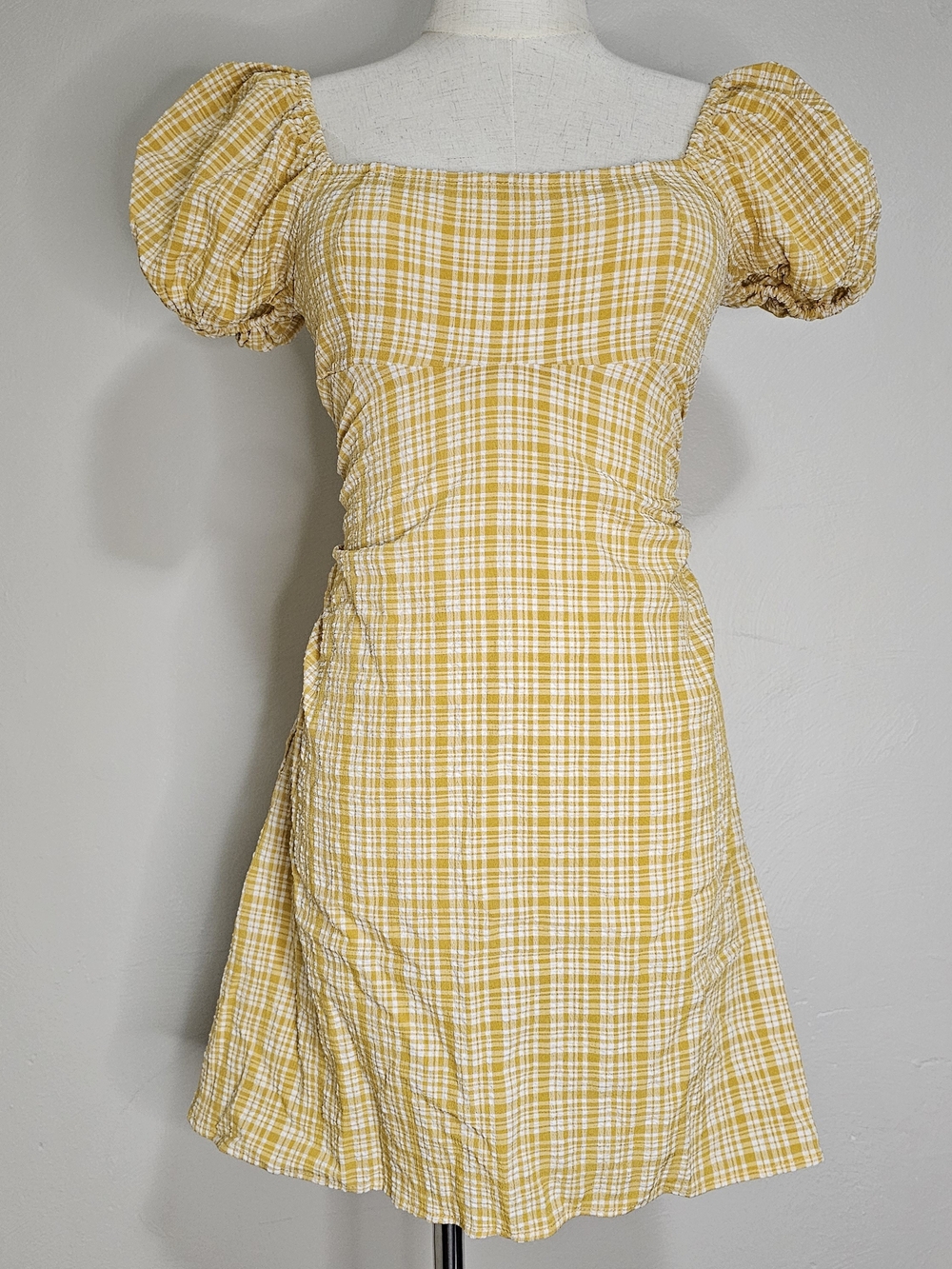 SHEIN Yellow Plaid Puff-Sleeve Square Neck Mini Dress Small